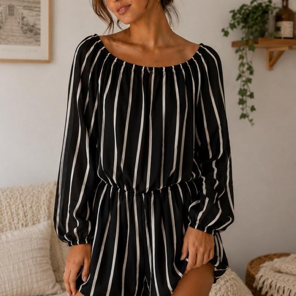 Miss Molly Black Ivory Striped Romper Elastic Waist Pockets Long Sleeve XL